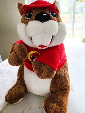 Buc-ee’s Beaver Plush Mascot in Classic Red Shirt and Corduroy Hat